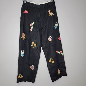 Linen Pure & Simple A Way Of Life Embroidered Beach Size 6 Black 100% Linen Pant